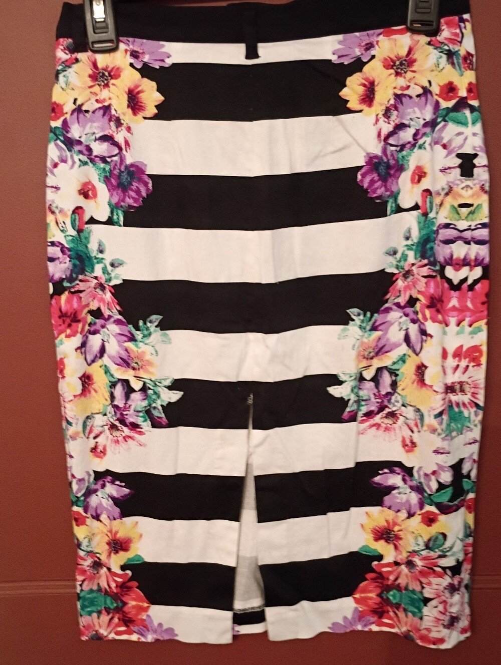 Floral Stripe Pencil Skirt - Black & White with Multicolor Floral